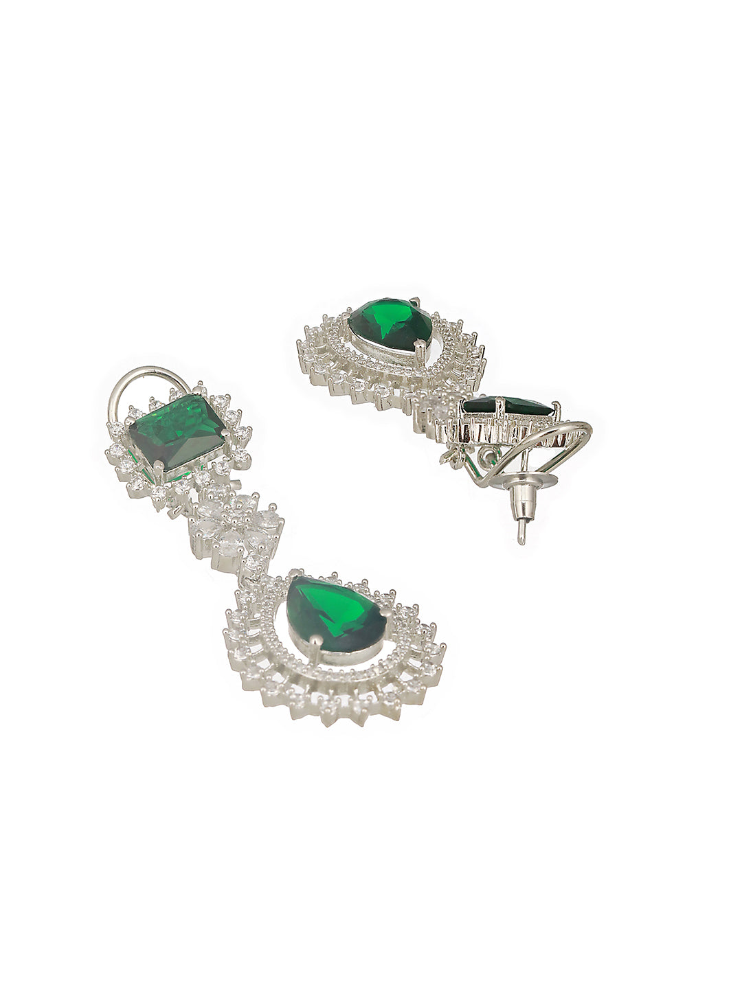 Silver Toned Emerald Green Studded Statement Pendant Jewellery Set