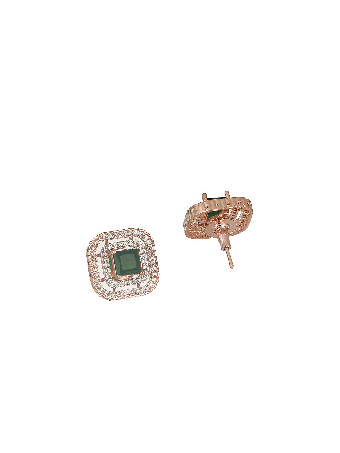 Rose Gold Plated Emerald Green AD Studded Square Pendant Jewellery Set