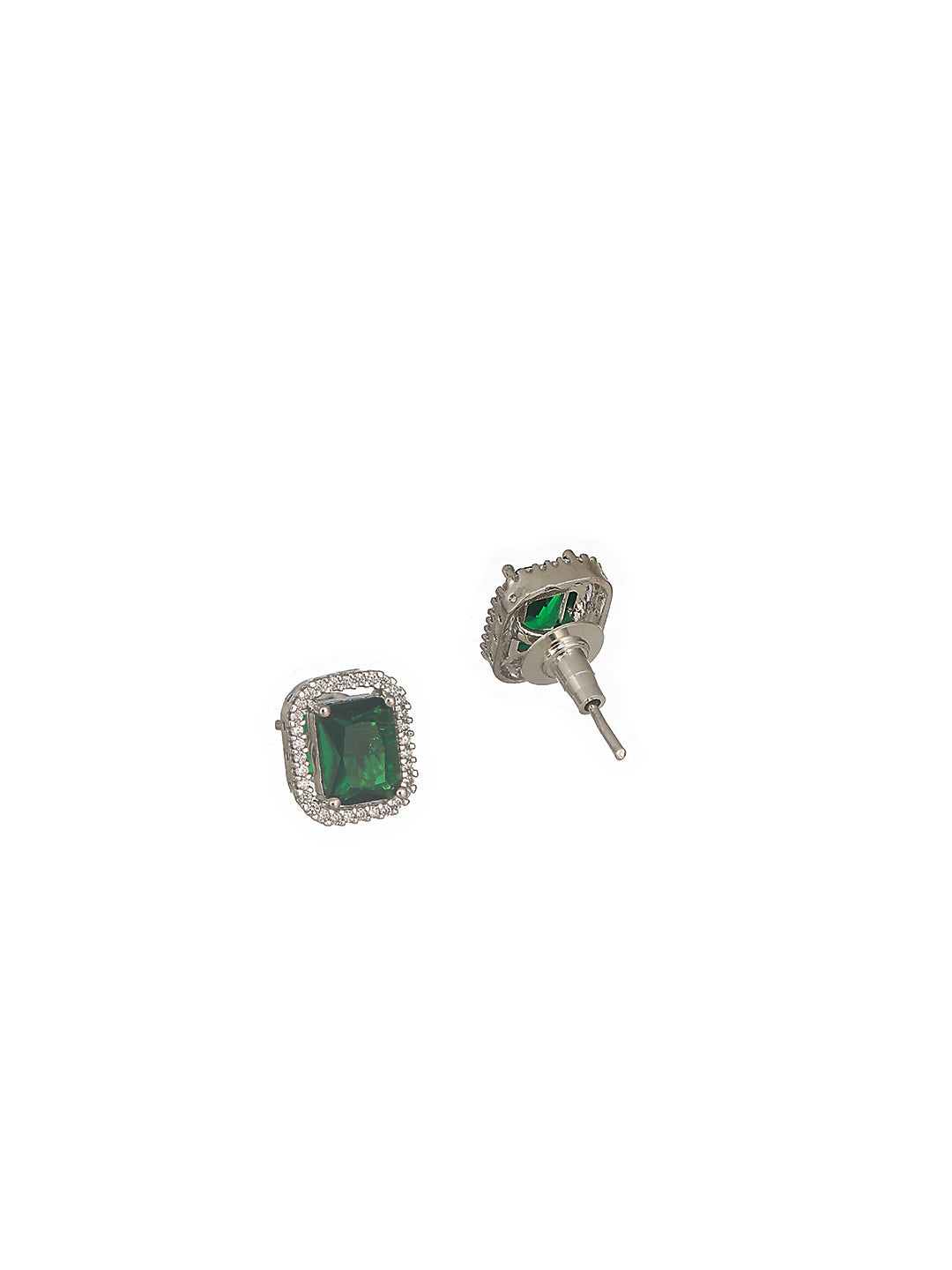 Silver Toned Emerald Green AD Studded Rectangular Pendant Jewellery Set