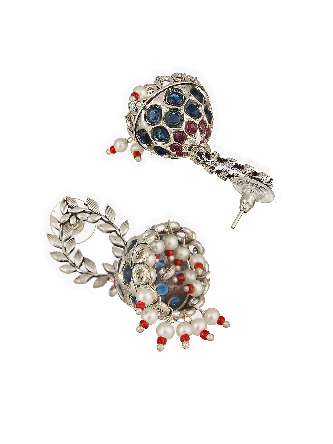 Oxidised Earrings with Red & Blue Stones and Pearl Beading