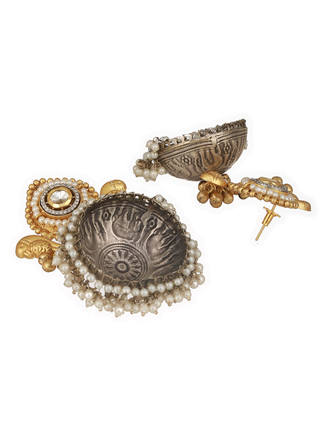 Dual Toned Pearl Beaded Bird Motif Dome Shaped Contemporary Jhumka earrings