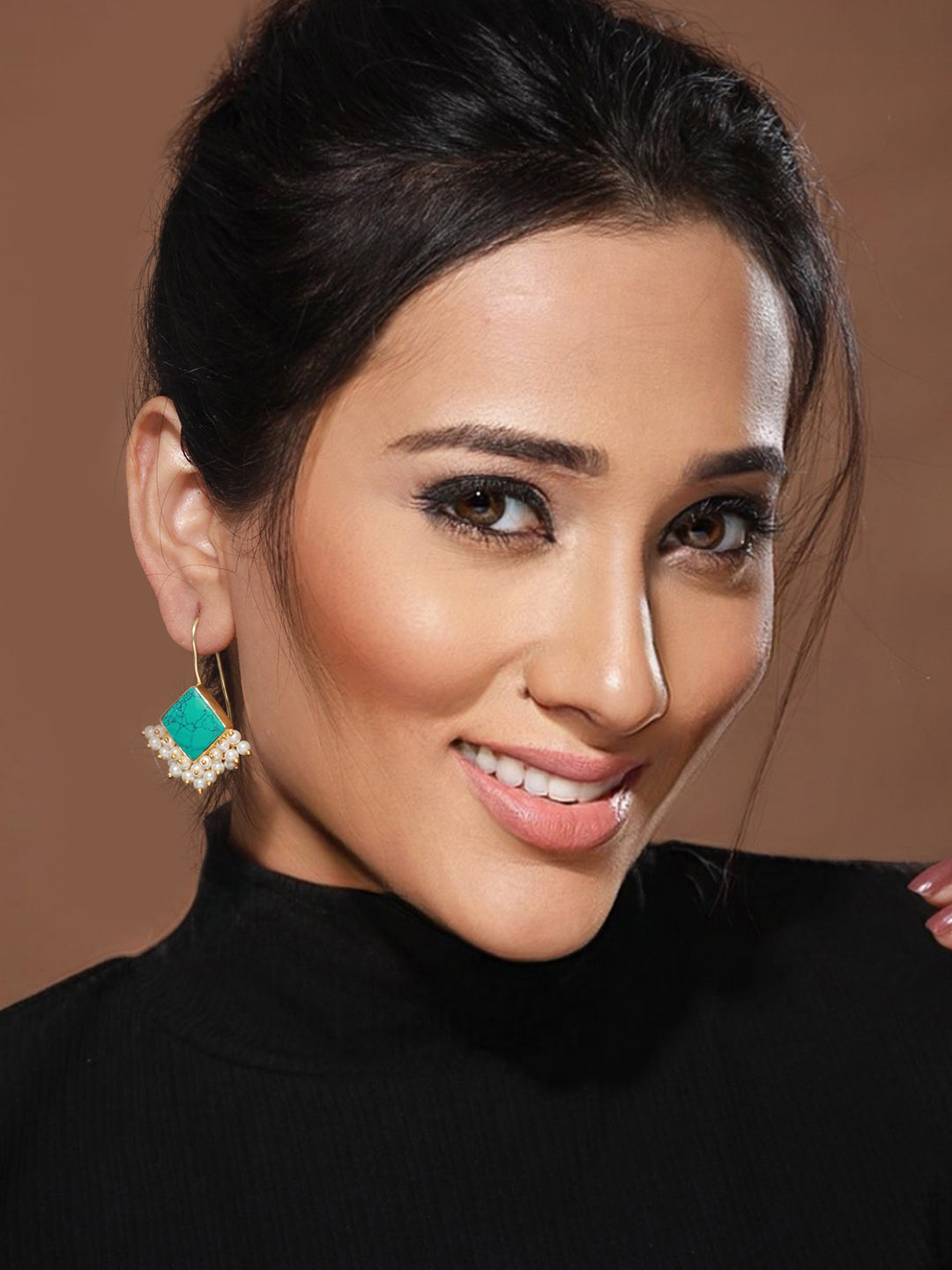 Gold Plated Turquoise Blue & Pearl Beaded Hoop Earrings