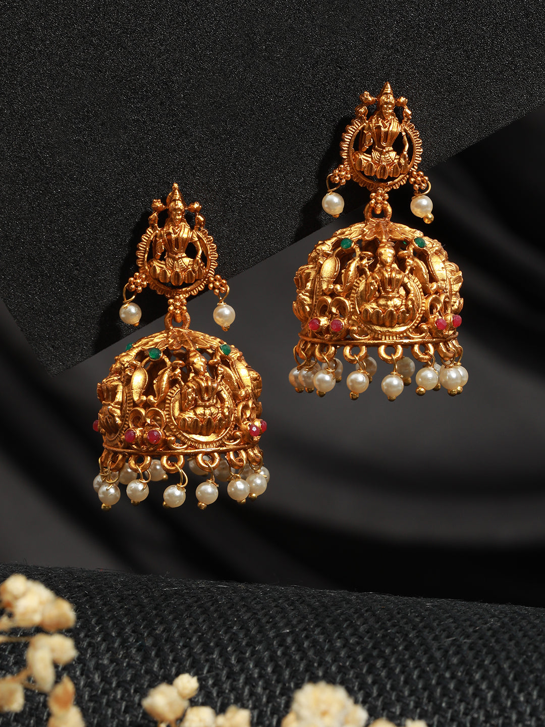 Gold Plated lakshmi Motif Temple Jhumka Earrings