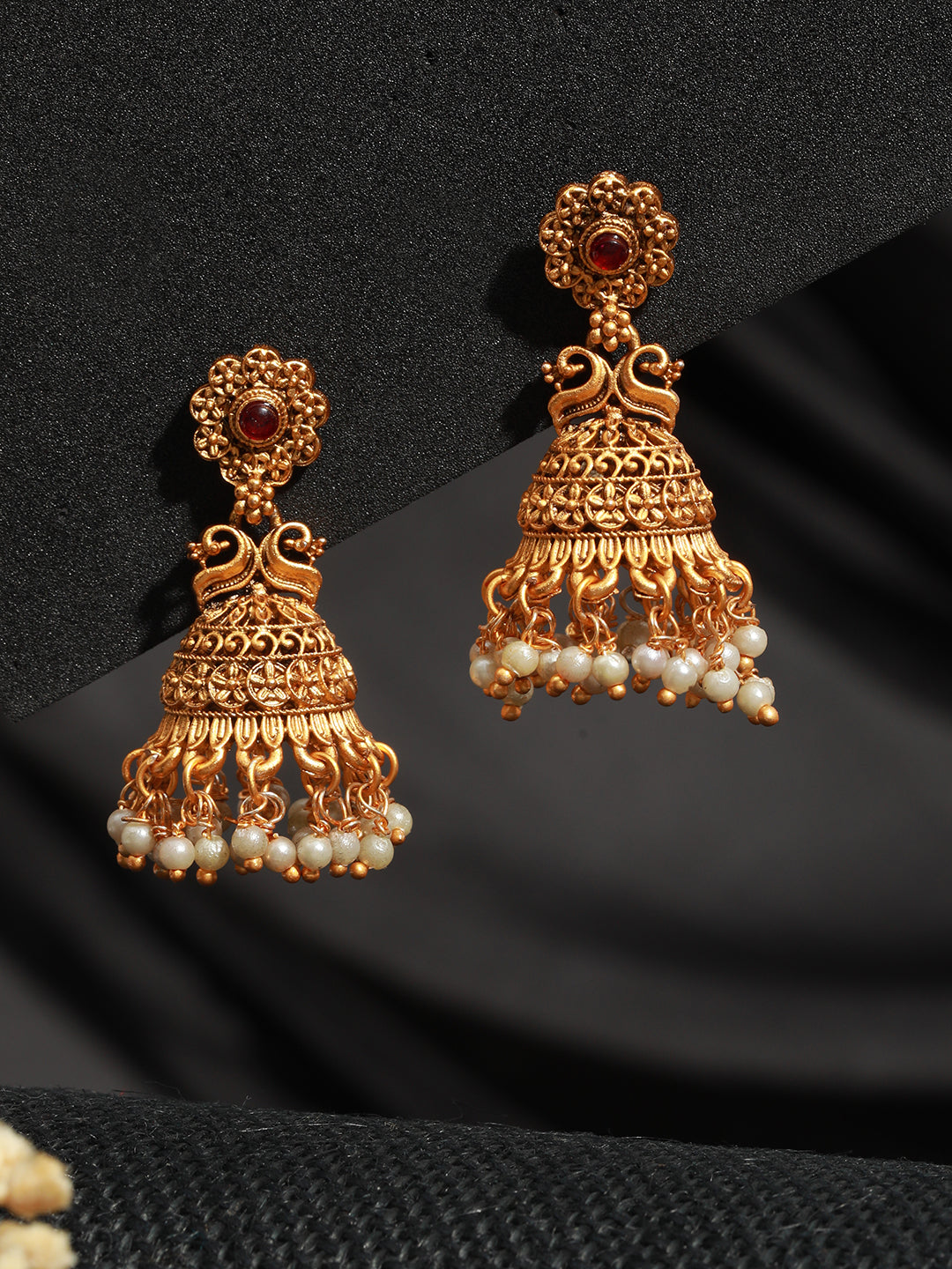 Gold Plated Peacock Figure temple Jhumka Earrings