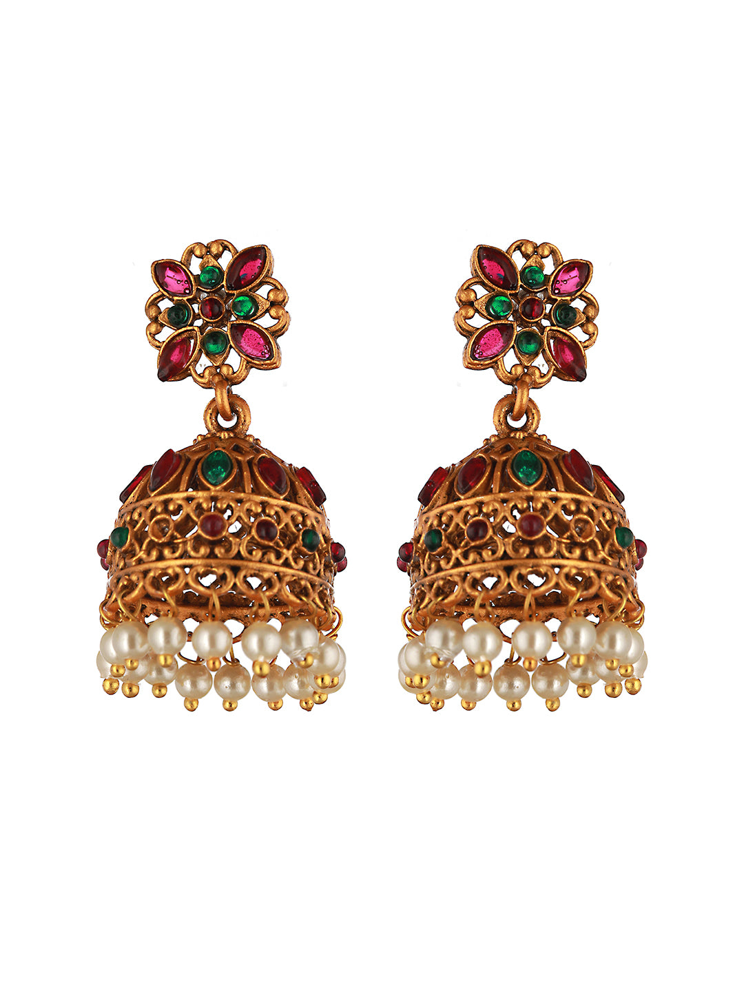 Gold Toned Red & Green Stone Studded Flower Jhumka Earrings