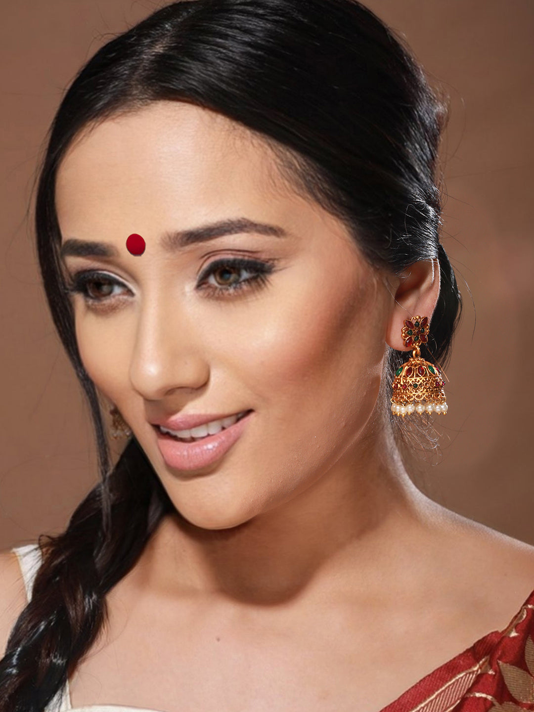 Gold Toned Red & Green Stone Studded Flower Jhumka Earrings