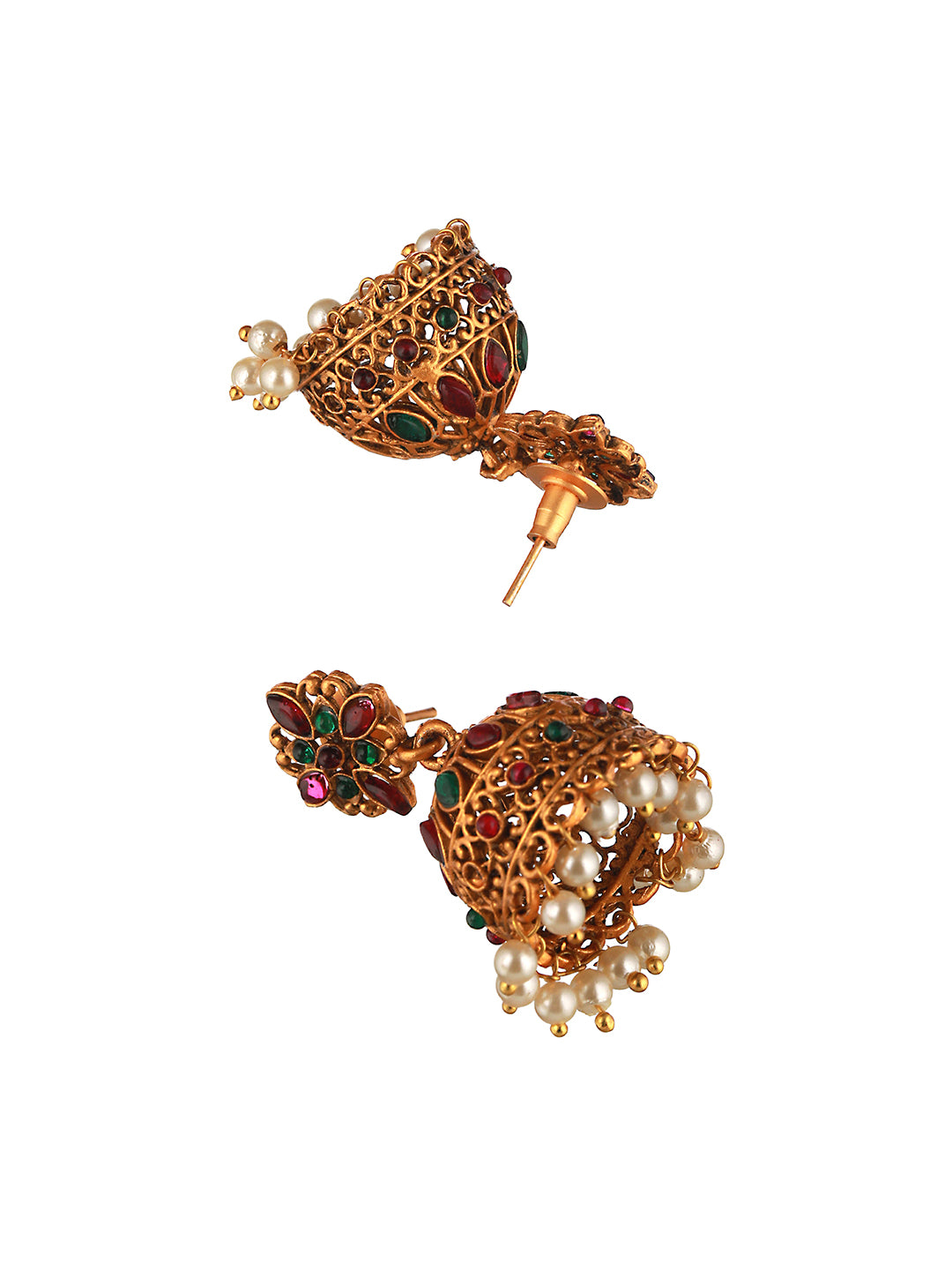 Gold Toned Red & Green Stone Studded Flower Jhumka Earrings