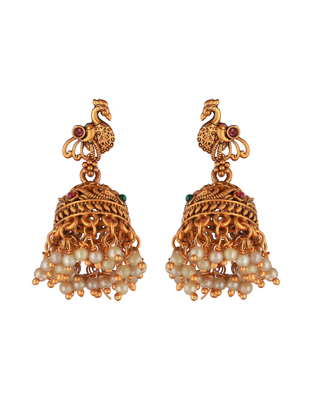 Gold Toned Red Peacock Designer Jhumka Earrings