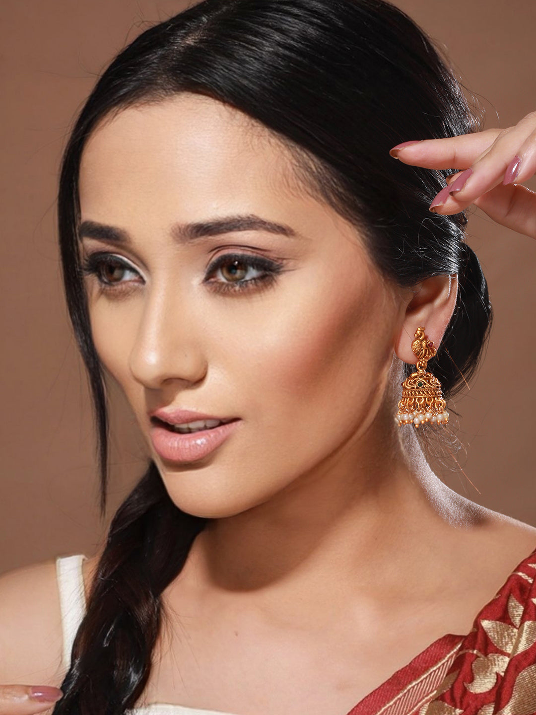 Gold Toned Red Peacock Designer Jhumka Earrings