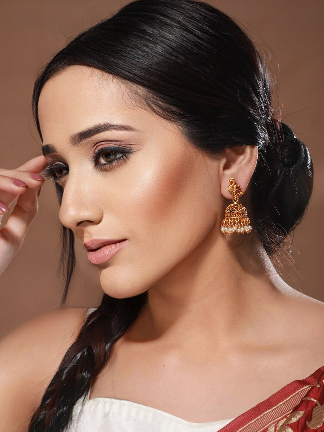 Gold Toned Red Peacock Designer Jhumka Earrings