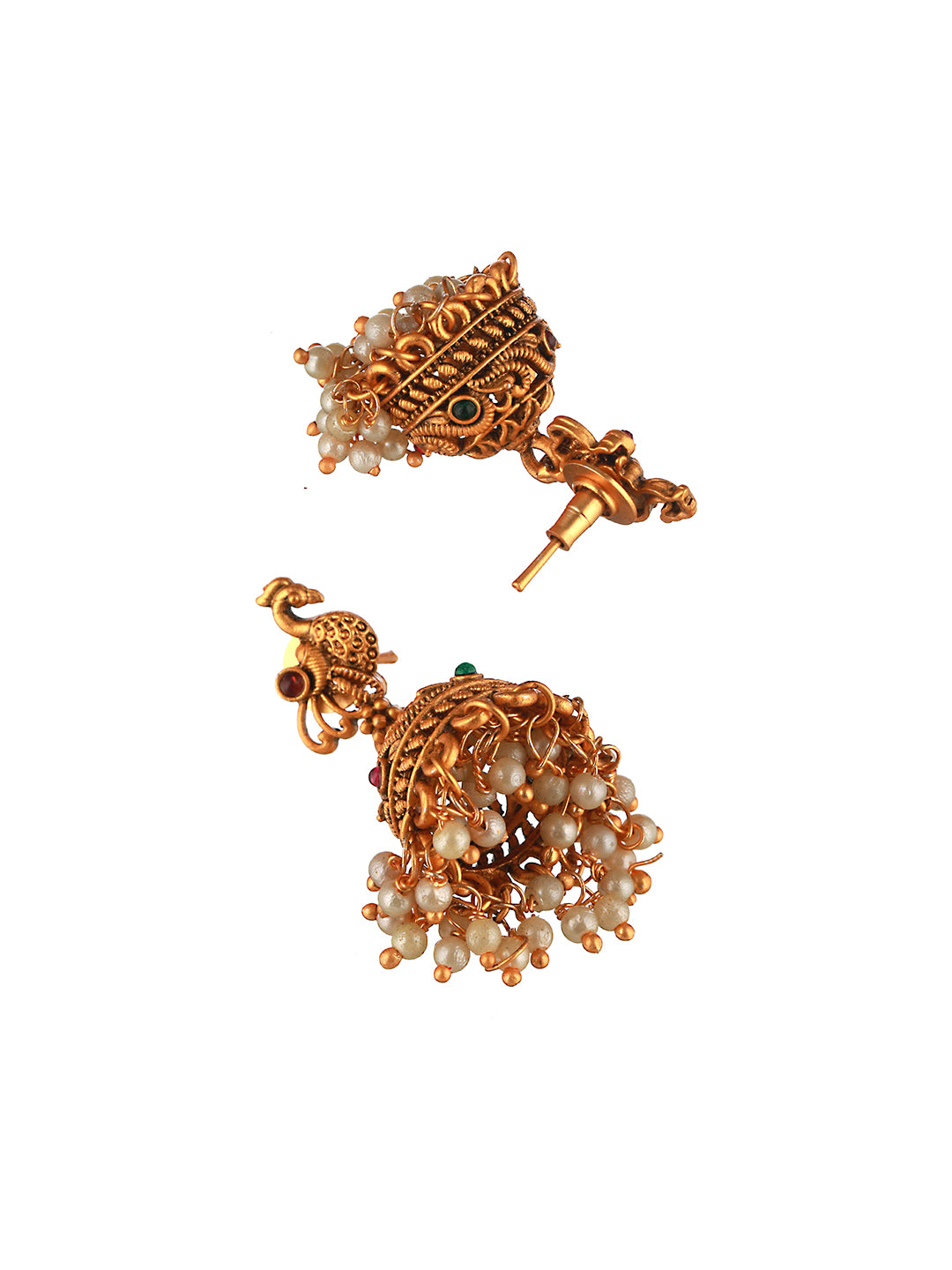 Gold Toned Red Peacock Designer Jhumka Earrings