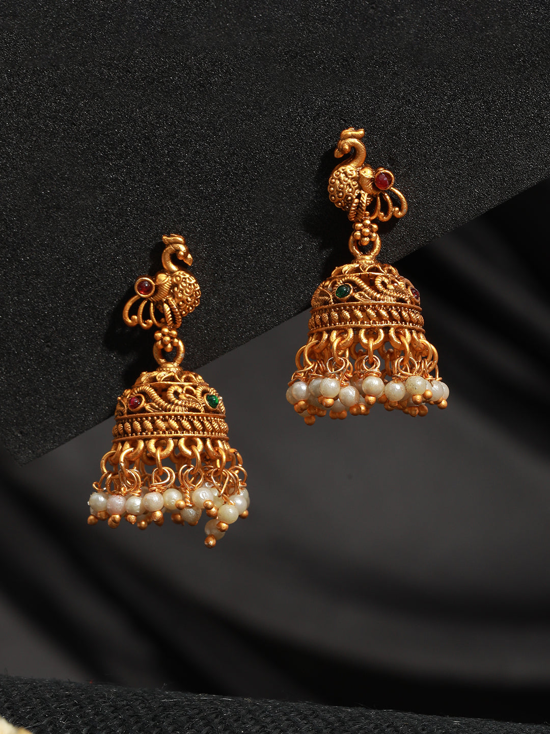 Gold Toned Red Peacock Designer Jhumka Earrings