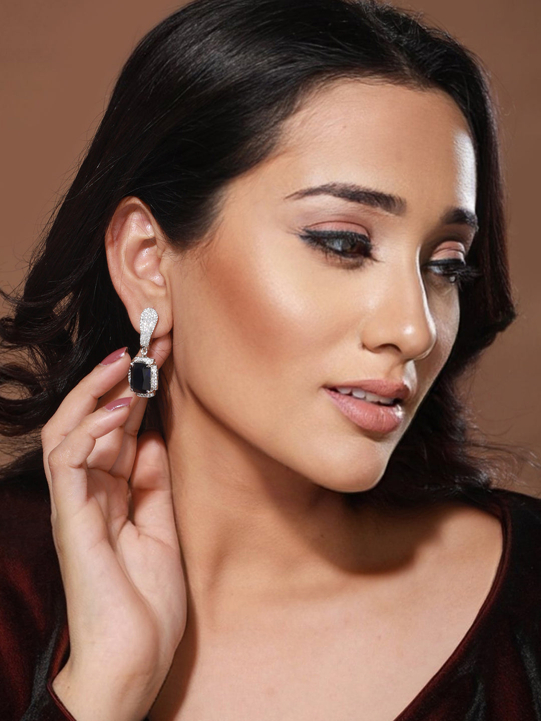 Silver Toned blue AD Studded Designer Hoop Earrings