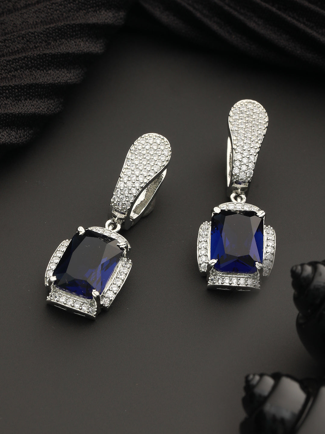 Silver Toned blue AD Studded Designer Hoop Earrings