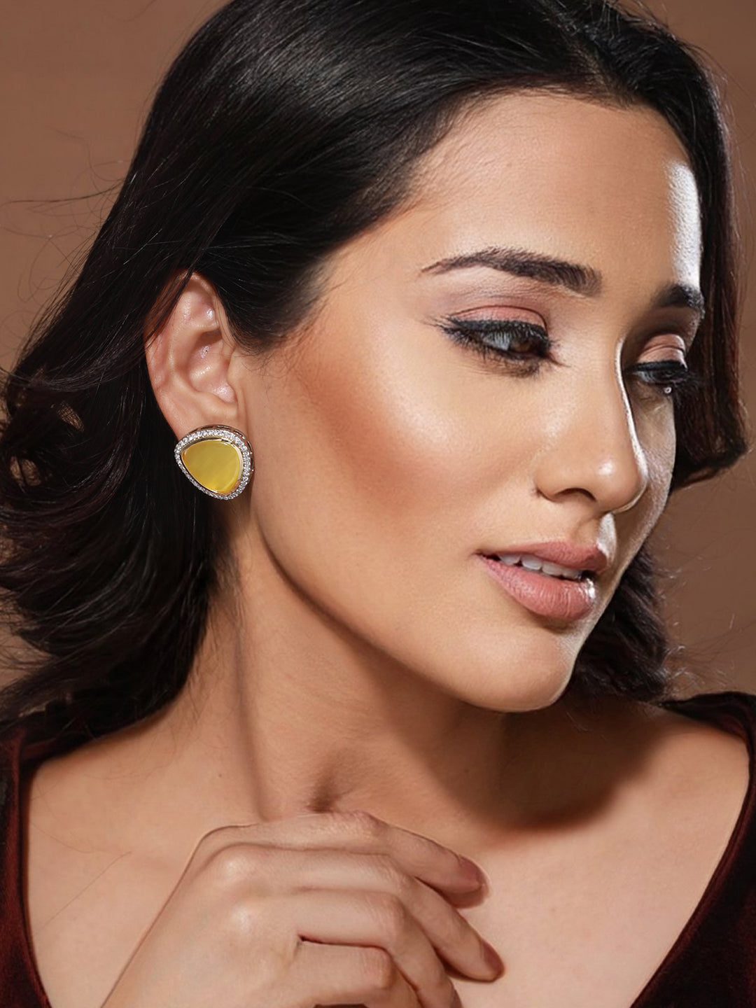 Oxidised Yellow AD Studded  Minimal Studs Earrings