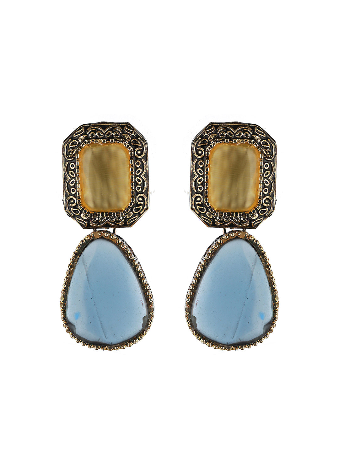 Gold Oxidised Yellow AD Stone Designer Handcrafted Drop Earrings