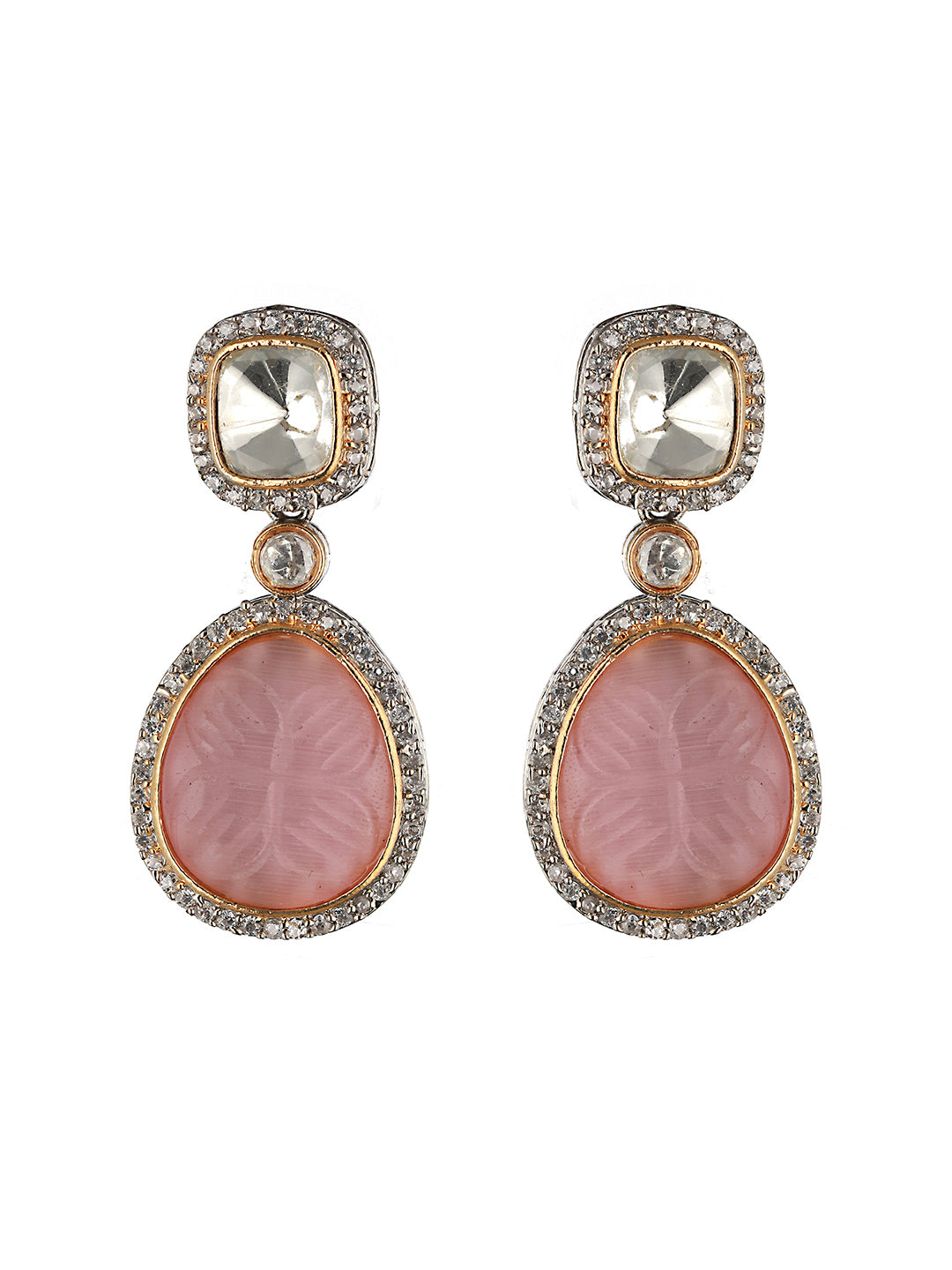 Gold  Oxidised Pink Mossanite  Handcrafted Drop Earrings