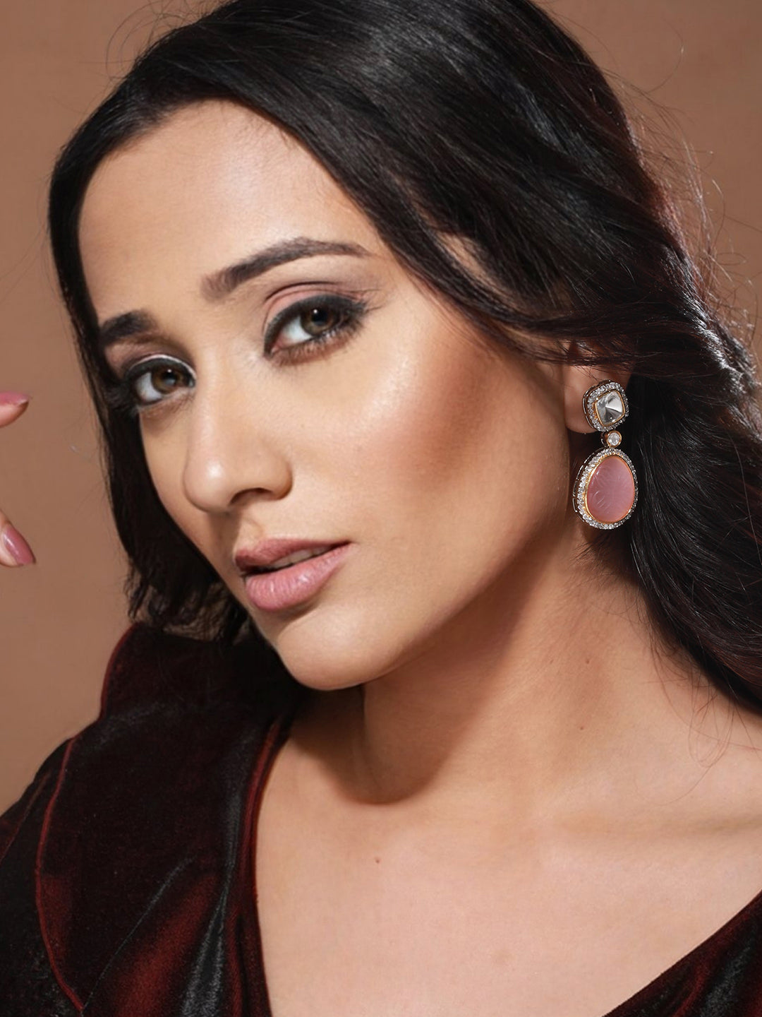 Gold  Oxidised Pink Mossanite  Handcrafted Drop Earrings