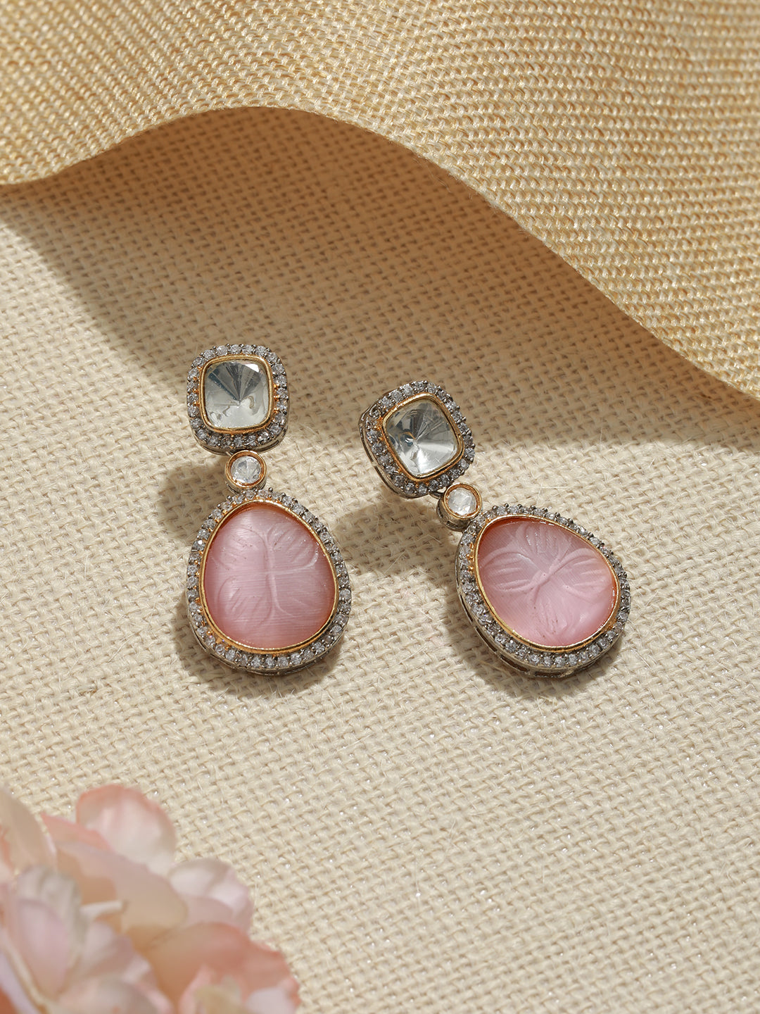 Gold  Oxidised Pink Mossanite  Handcrafted Drop Earrings