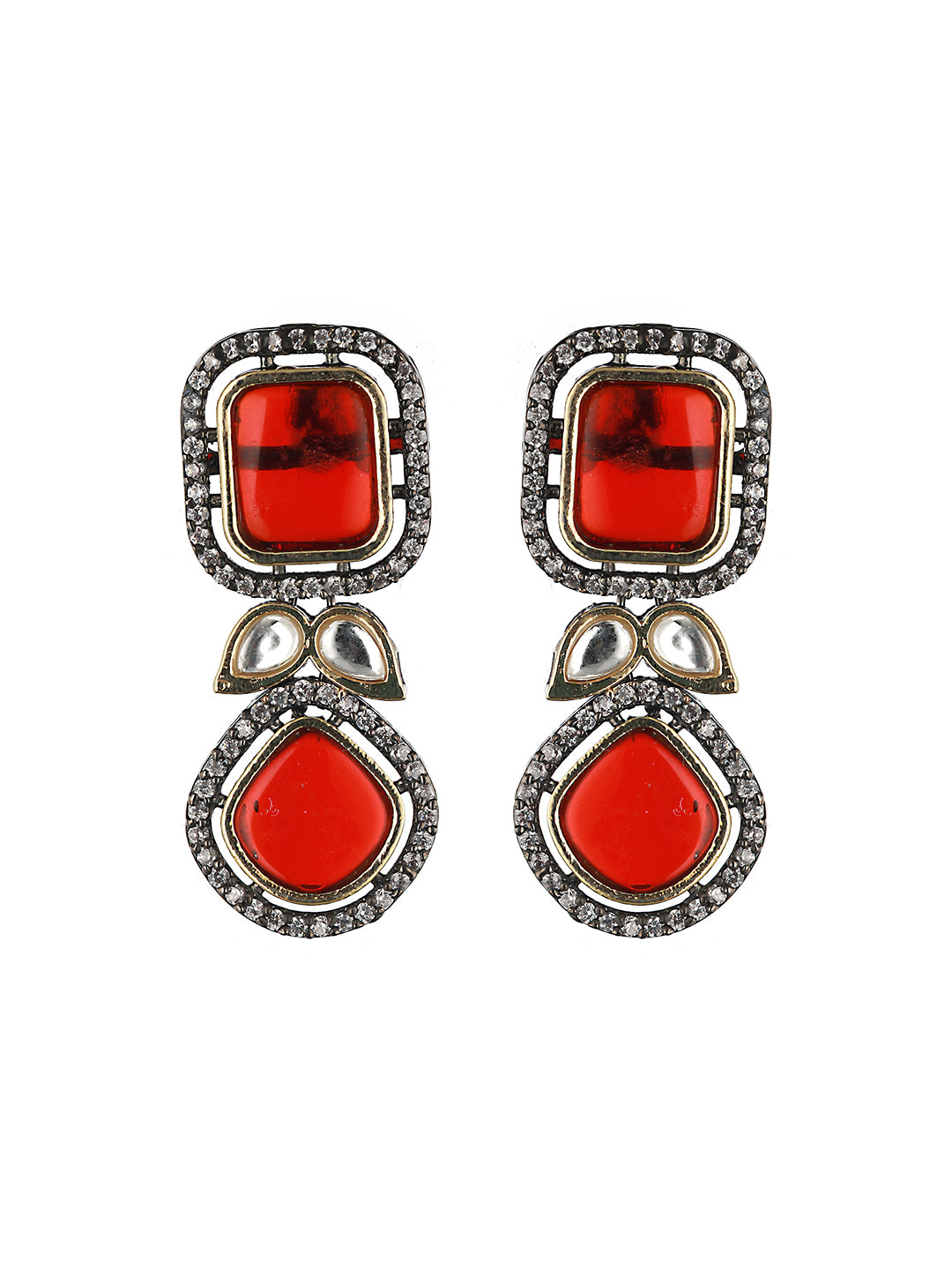 Gold  Oxidised Red Ruby  Handcrafted Statement Earrings