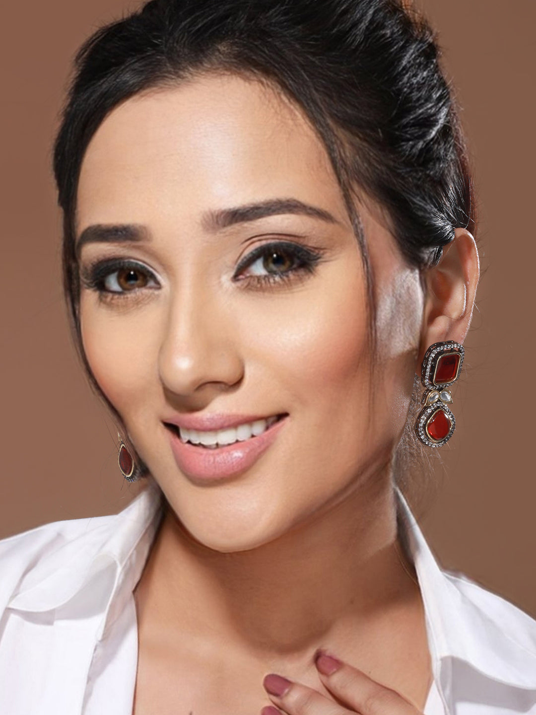 Gold  Oxidised Red Ruby  Handcrafted Statement Earrings