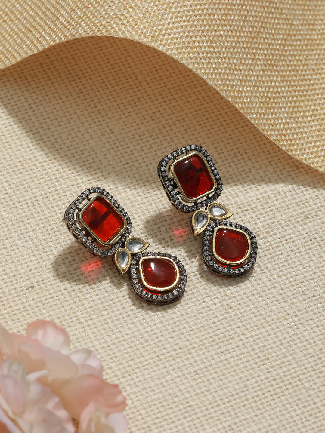 Gold  Oxidised Red Ruby  Handcrafted Statement Earrings