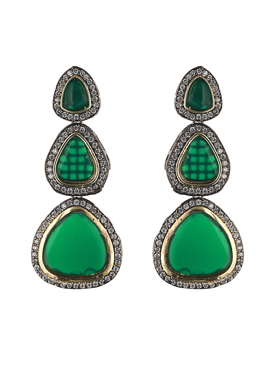 Gold Oxidised Green AD  Handcrafted Designer  Earrings