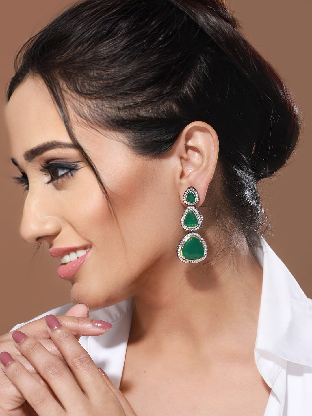 Gold Oxidised Green AD  Handcrafted Designer  Earrings