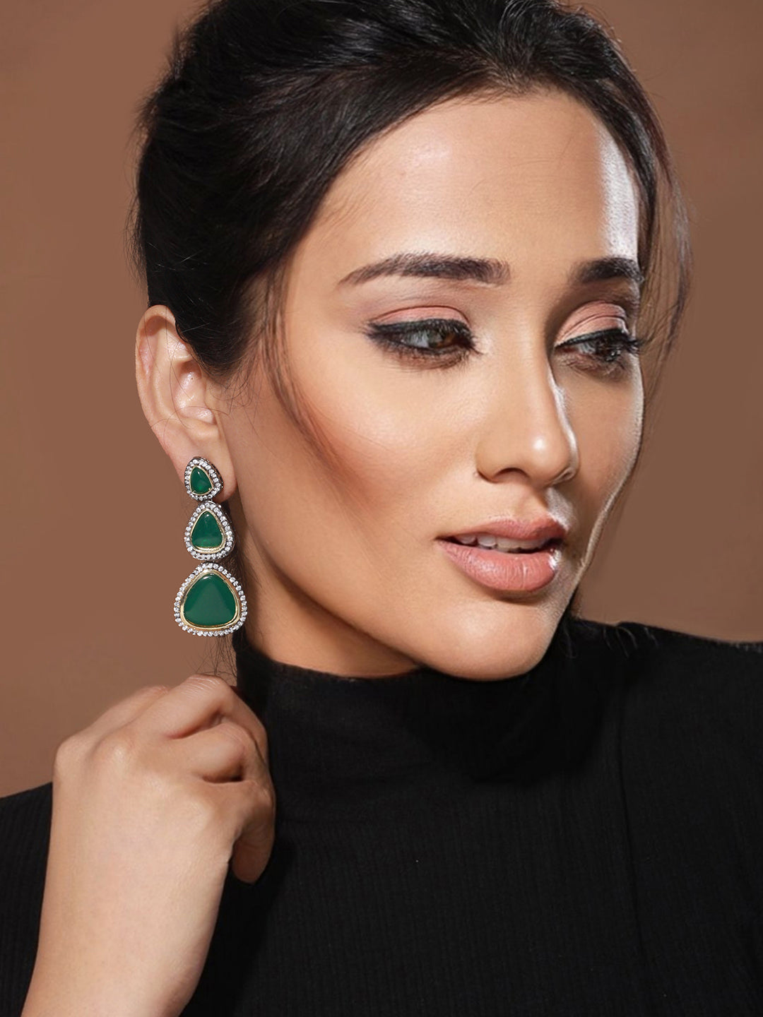 Gold Oxidised Green AD  Handcrafted Designer  Earrings