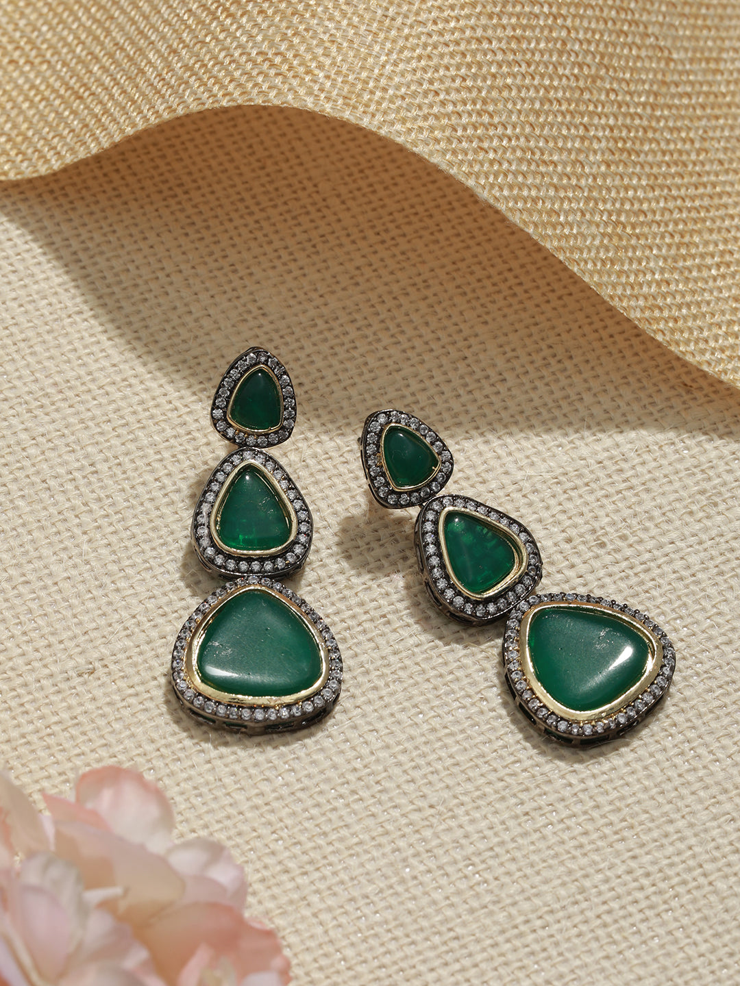 Gold Oxidised Green AD  Handcrafted Designer  Earrings