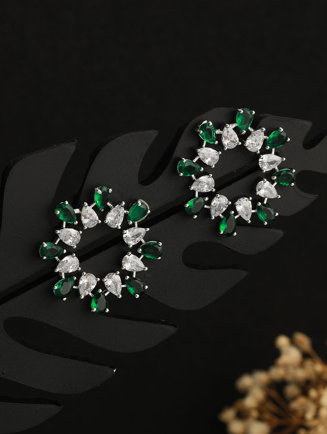 Silver Plated Green CZ Studded Minimal Hoops Earrings