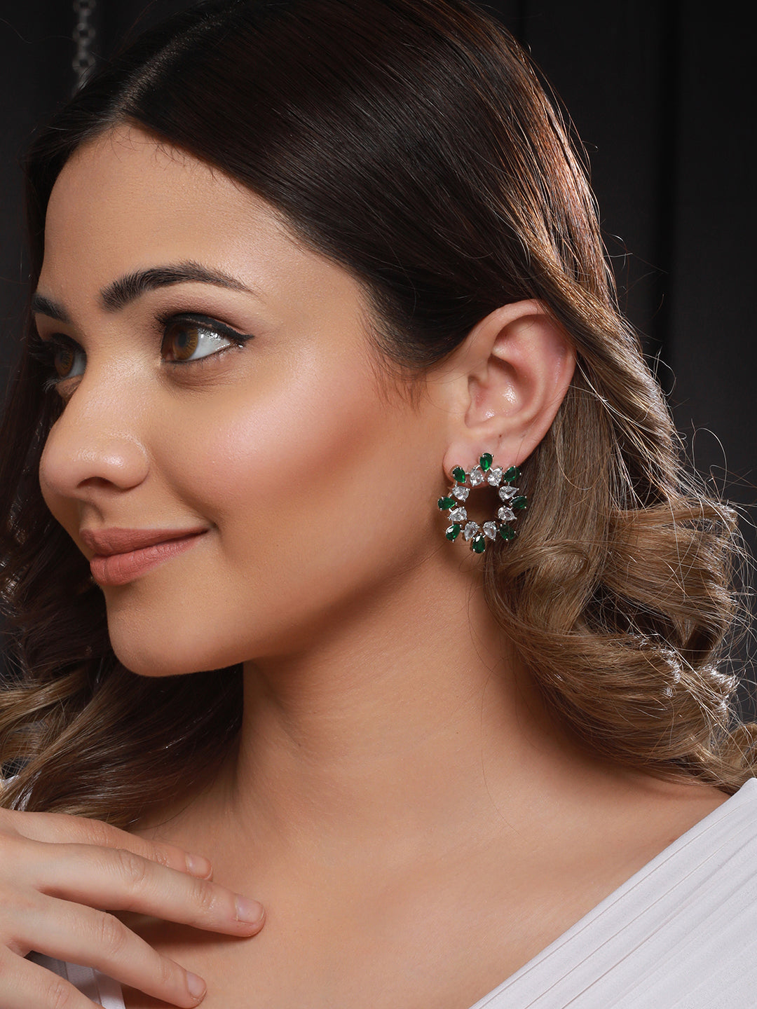 Silver Plated Green CZ Studded Minimal Hoops Earrings