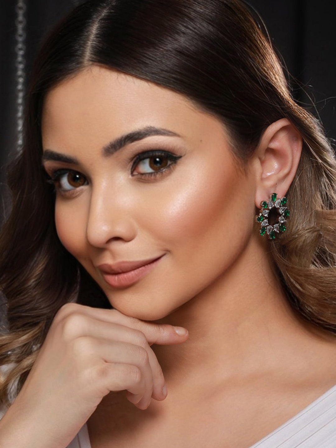 Silver Plated Green CZ Studded Minimal Hoops Earrings