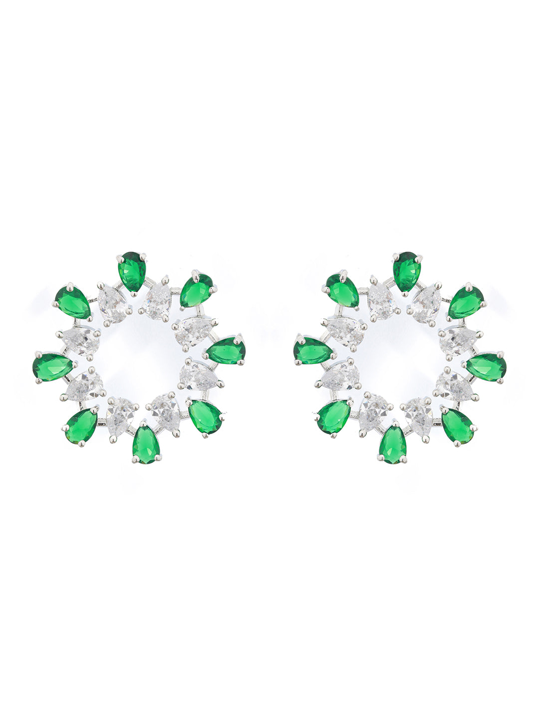 Silver Plated Green CZ Studded Minimal Hoops Earrings