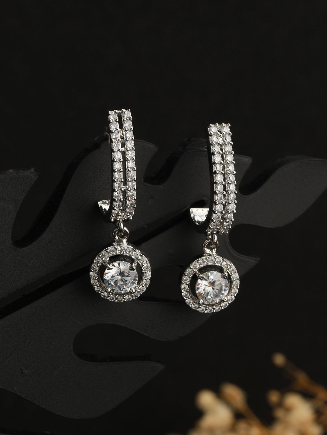 Silver Plated CZ Studded Solitaire Drop Earrings