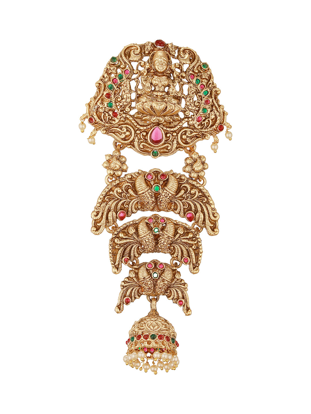Gold Plated Red Kempo Studded Nagas Lakshmiji Antique Temple Bridal Jadai Billa Hair Braid Choti
