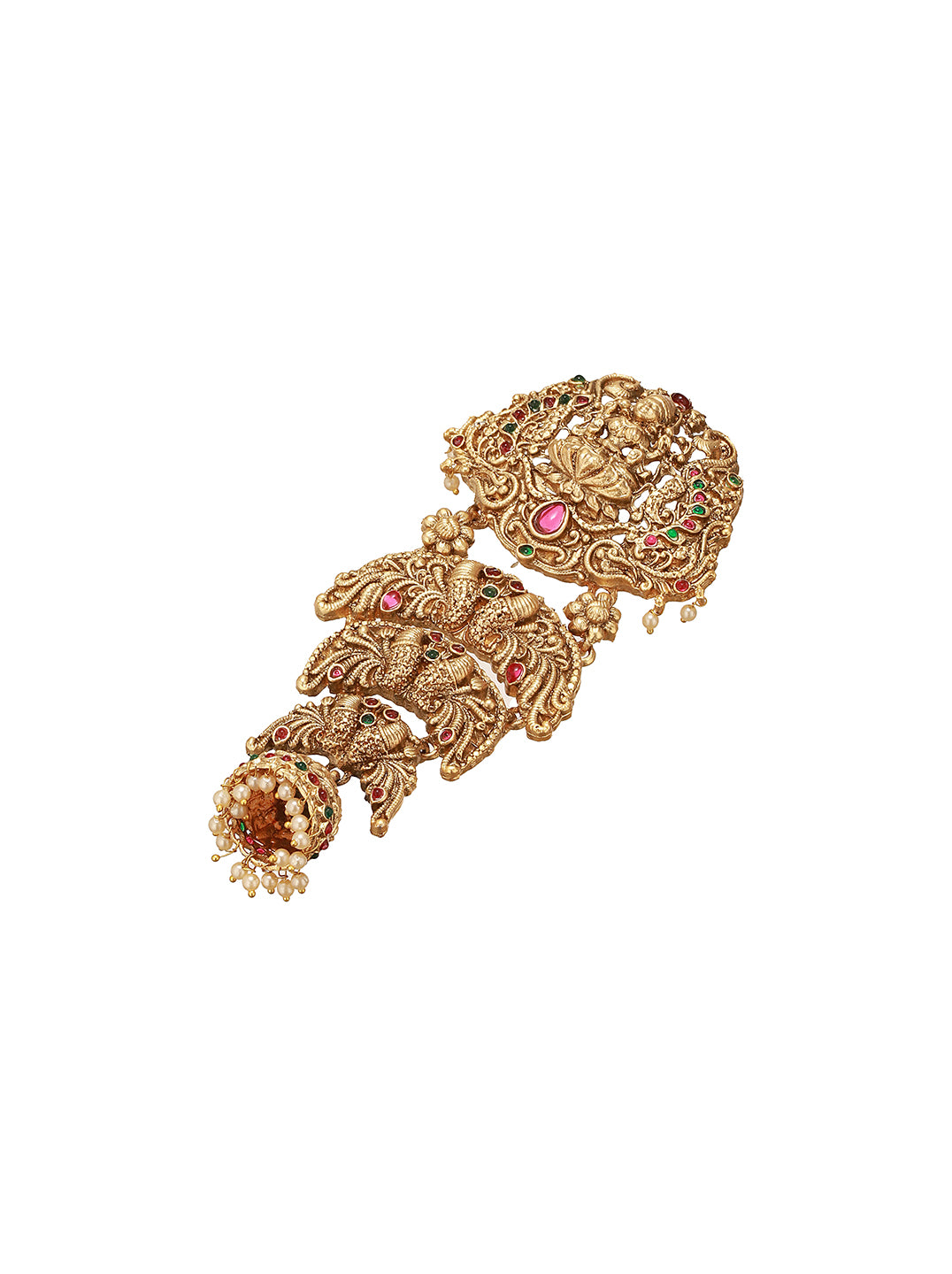 Gold Plated Red Kempo Studded Nagas Lakshmiji Antique Temple Bridal Jadai Billa Hair Braid Choti