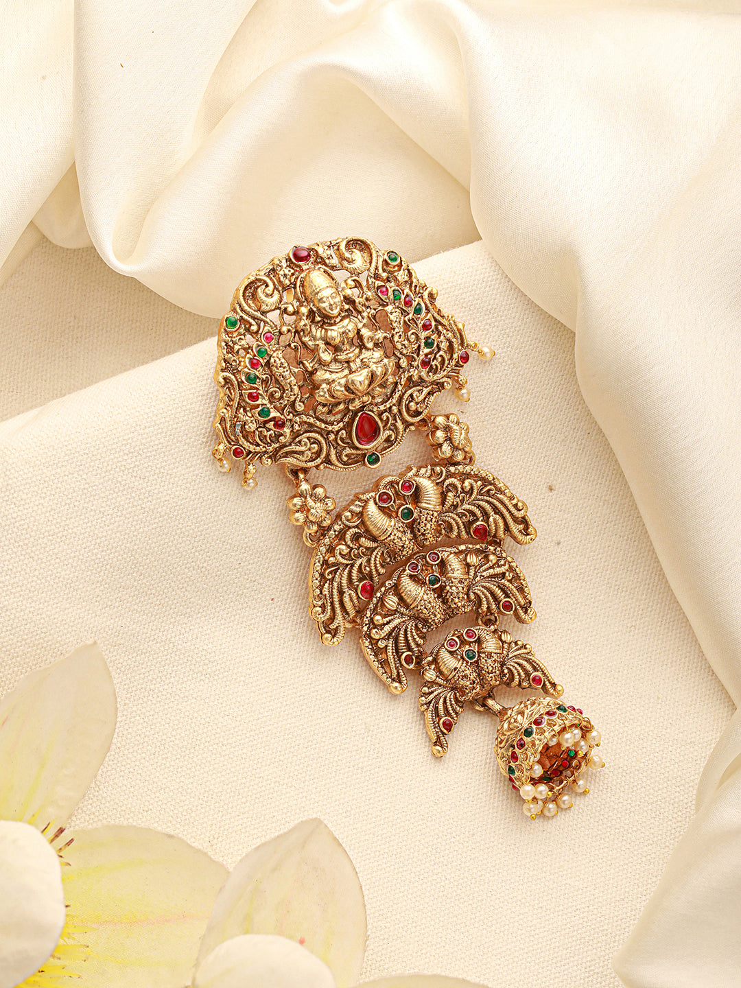 Gold Plated Red Kempo Studded Nagas Lakshmiji Antique Temple Bridal Jadai Billa Hair Braid Choti