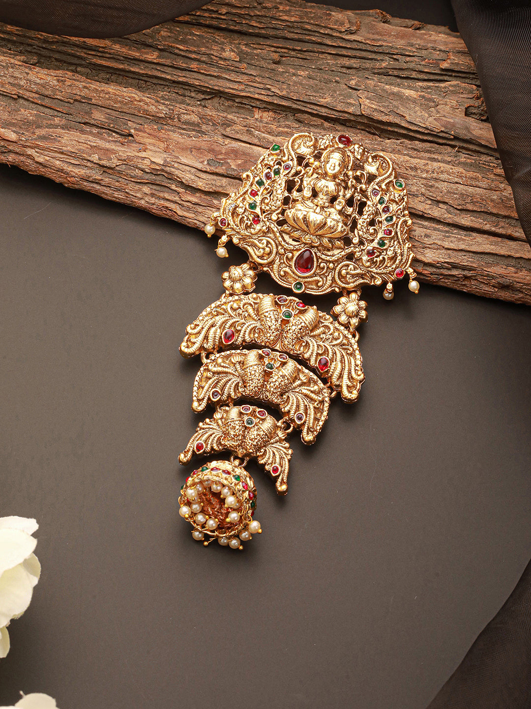 Gold Plated Red Kempo Studded Nagas Lakshmiji Antique Temple Bridal Jadai Billa Hair Braid Choti