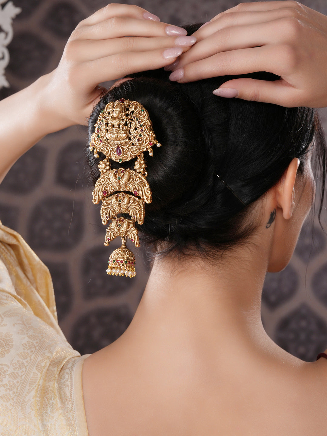Gold Plated Red Kempo Studded Nagas Lakshmiji Antique Temple Bridal Jadai Billa Hair Braid Choti