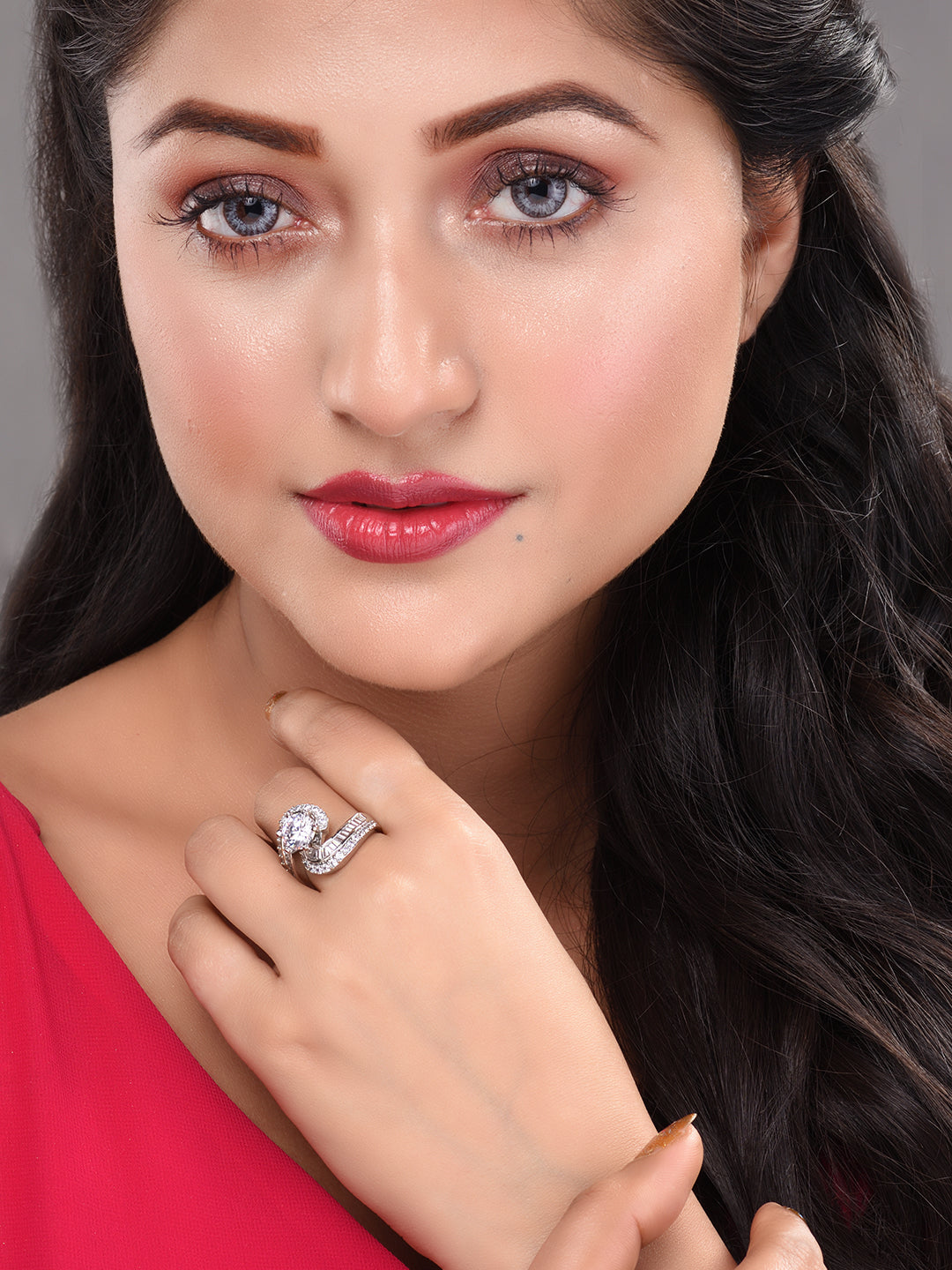 White Rhodium plated AD Studded Solitaire Victorian Finger Ring