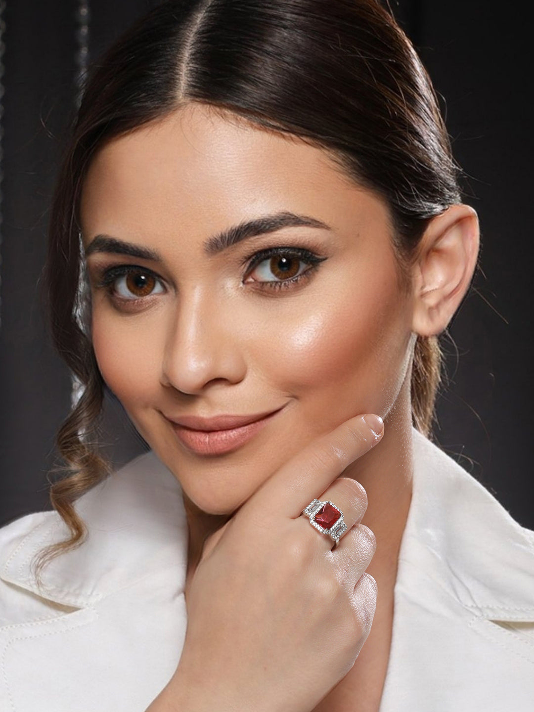 Silver Plated Red AD Studded Minimal Engagement Finger Ring