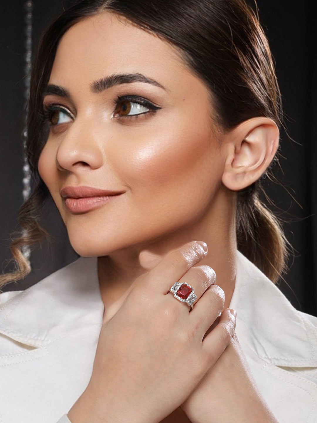 Silver Plated Red AD Studded Minimal Engagement Finger Ring