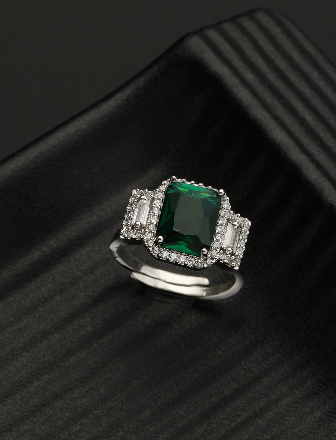 Silver Plated Green AD Embellished minimal Engagement Ring
