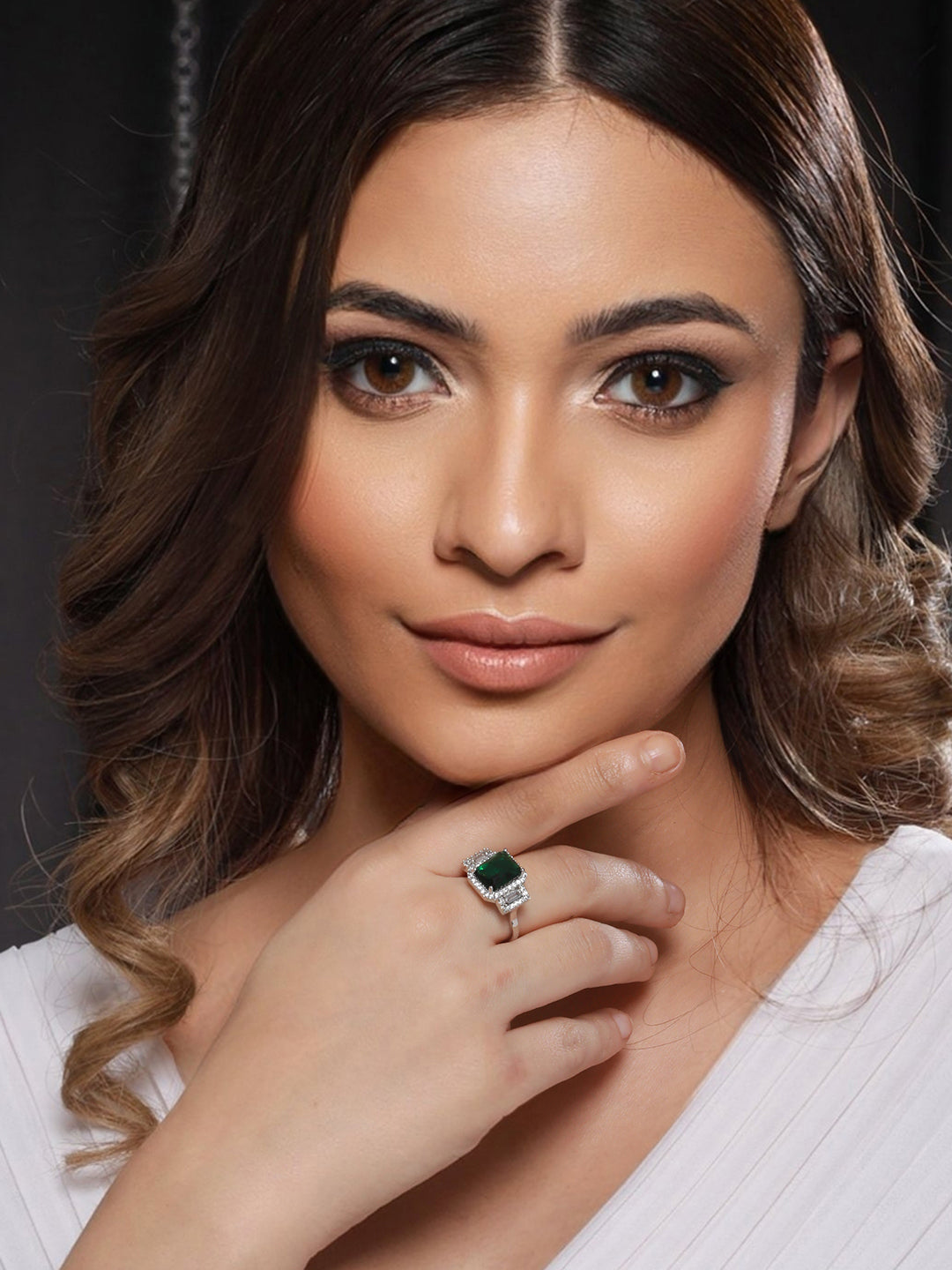 Silver Plated Green AD Embellished minimal Engagement Ring