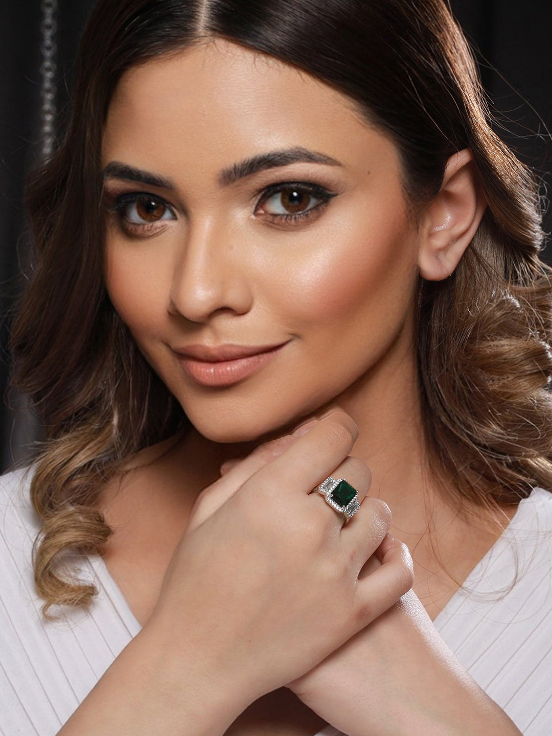 Silver Plated Green AD Embellished minimal Engagement Ring