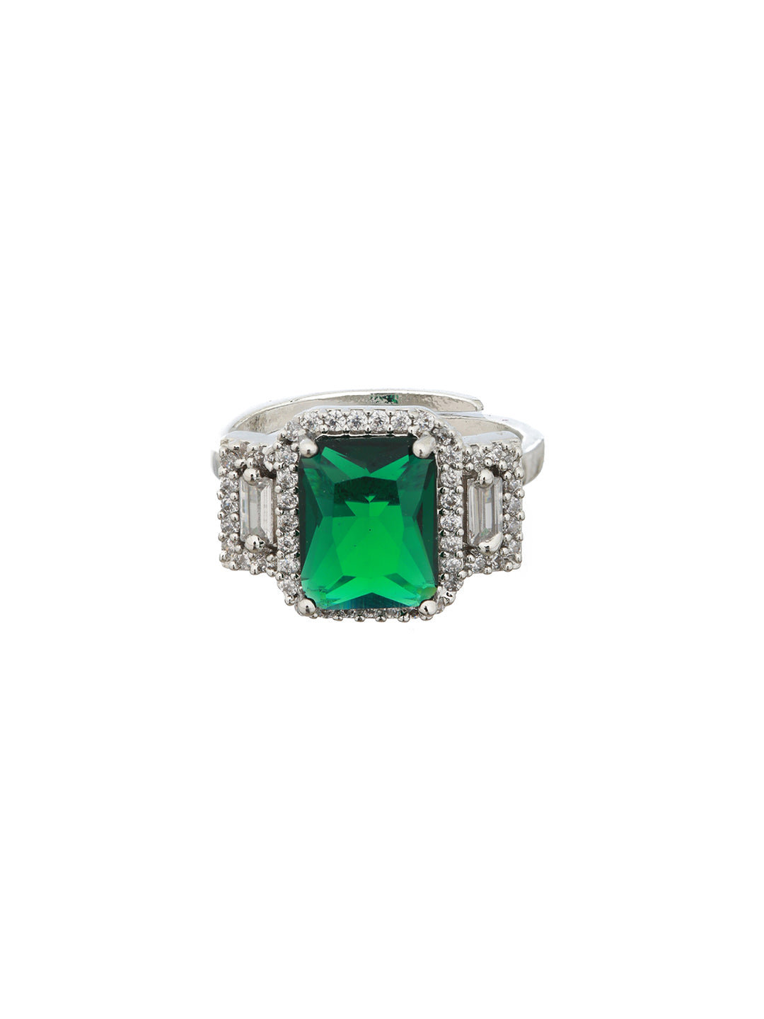 Silver Plated Green AD Embellished minimal Engagement Ring