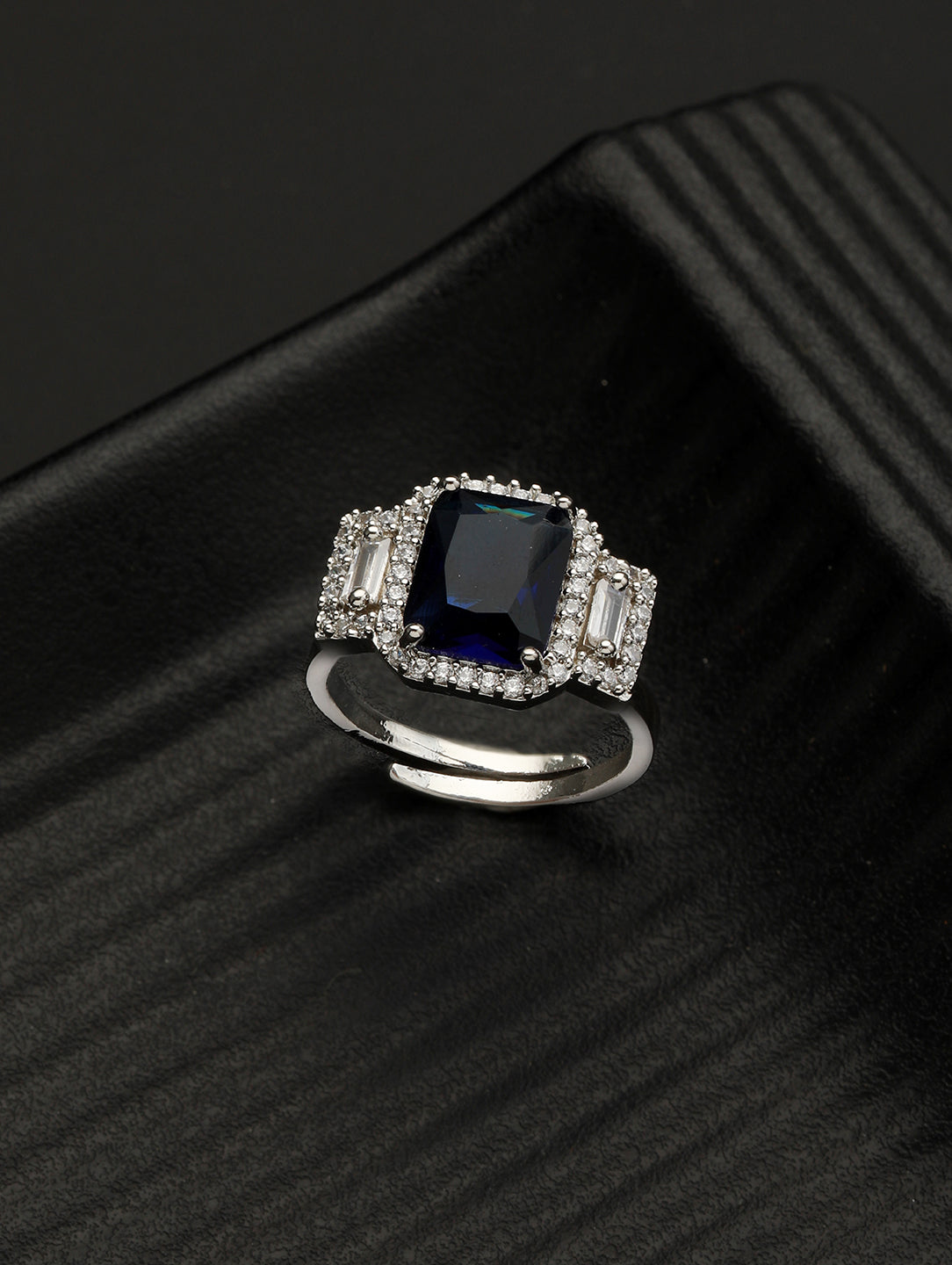 Silver Plated Blue CZ Studded Statement Finger Ring
