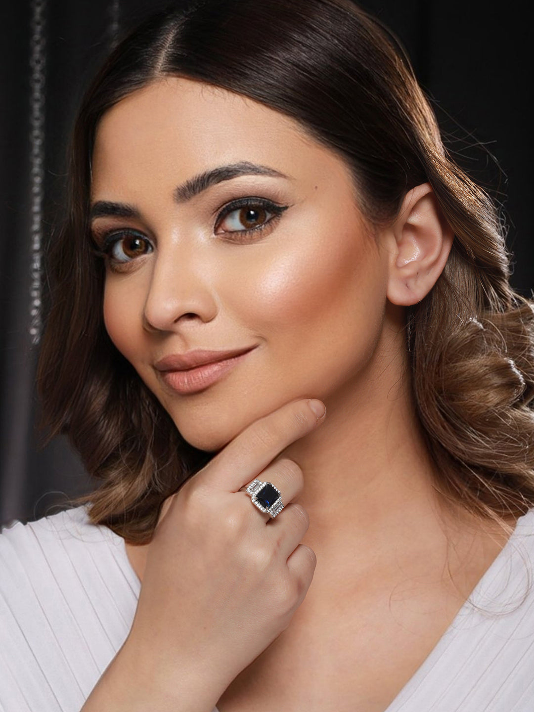 Silver Plated Blue CZ Studded Statement Finger Ring