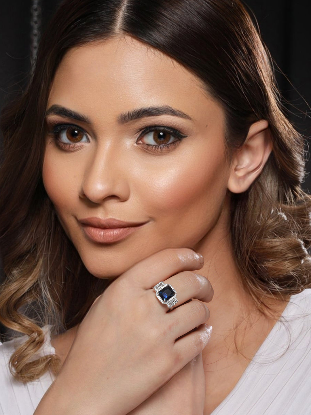 Silver Plated Blue CZ Studded Statement Finger Ring